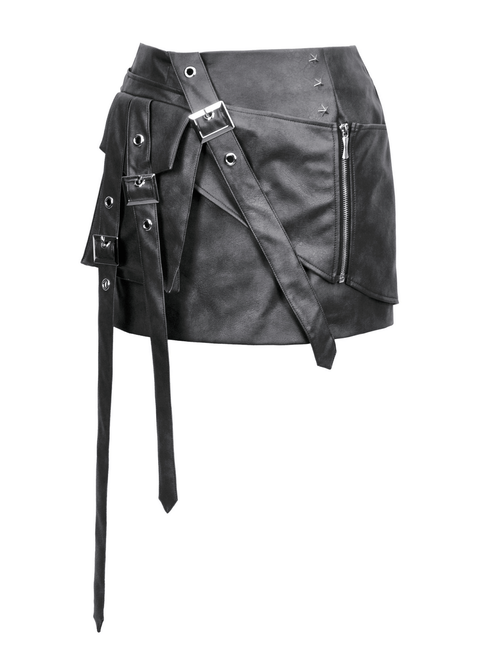 Gothic punk black faux leather mini skirt with buckle straps and asymmetrical detailing, exuding edgy style
