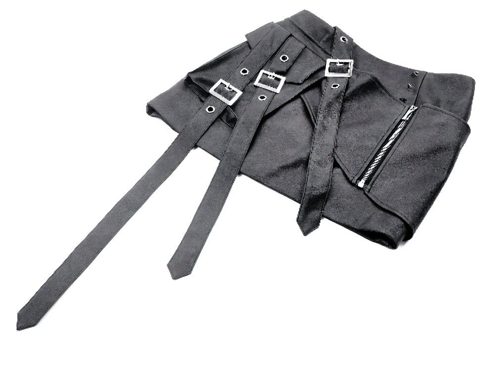 Gothic punk black faux leather mini skirt with buckle straps and zipper detailing, perfect for edgy outfits.