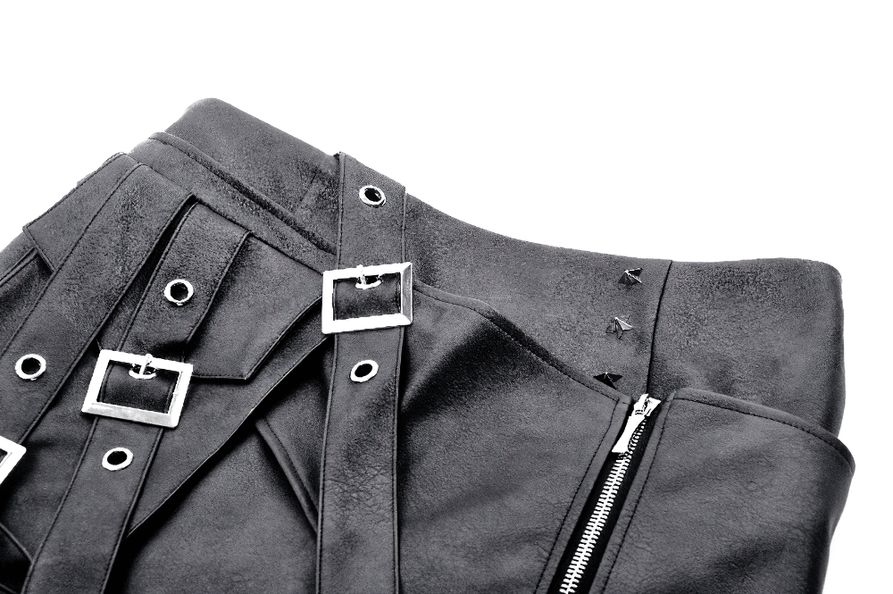Gothic punk black faux leather mini skirt with buckle straps and zipper detail for edgy fashion.
