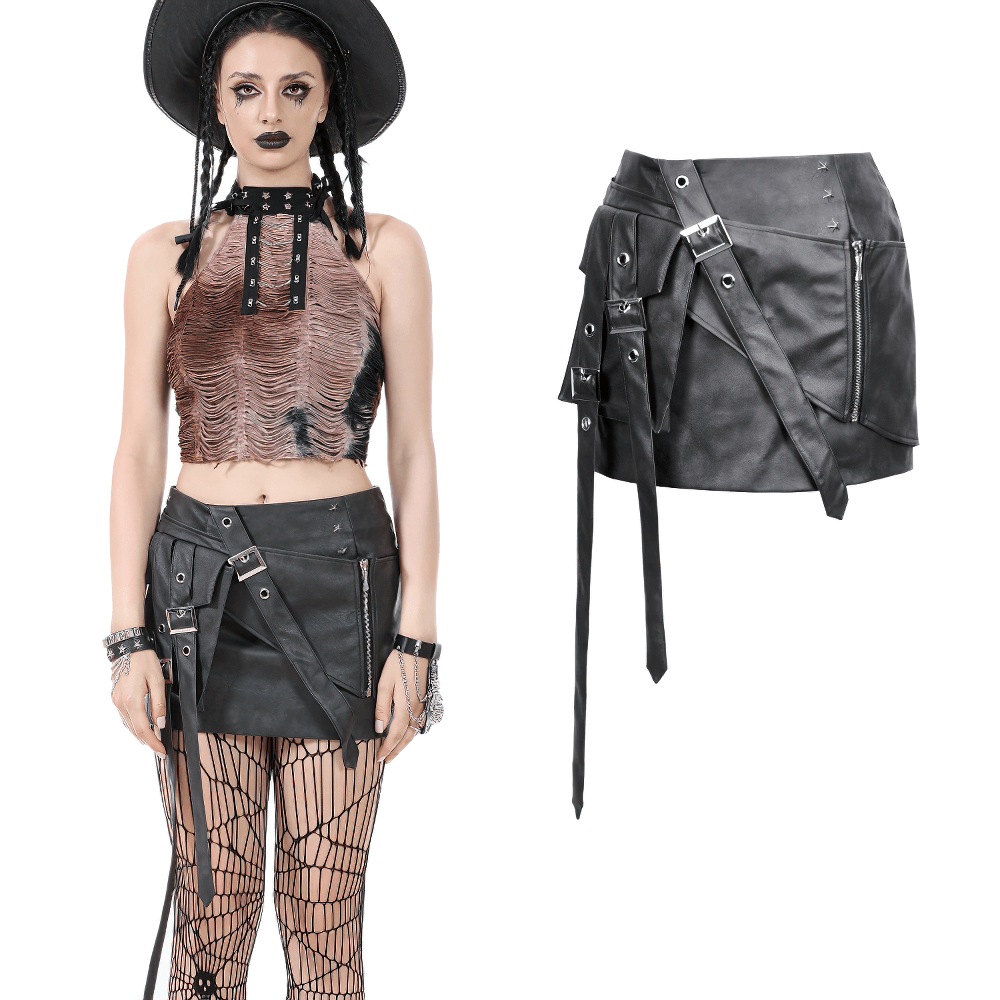 Gothic punk black faux leather mini skirt with buckle straps, worn by model, showcasing edgy style and fitted silhouette.