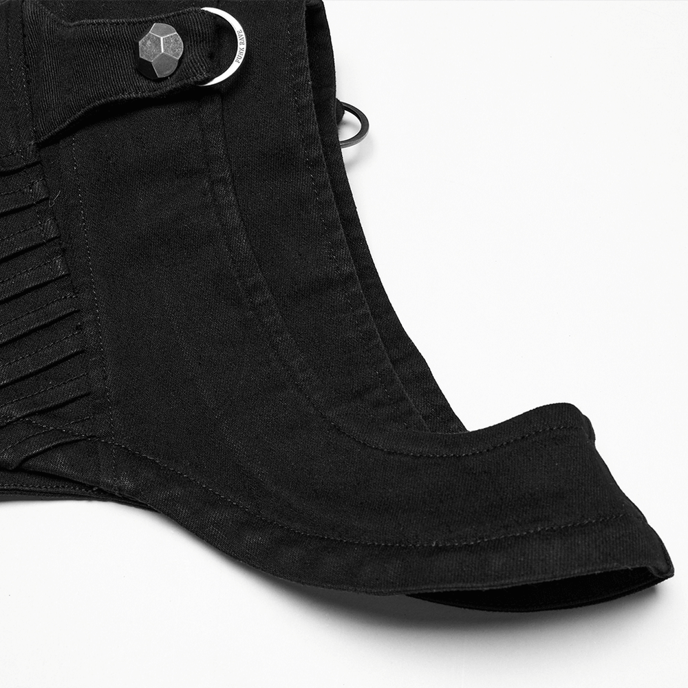 Close-up of a gothic punk black high collar denim shoulder cape with studs and unique pleat design.