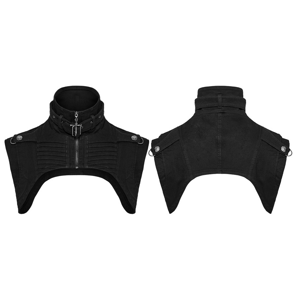 Gothic punk black high collar denim shoulder cape with studs and patches, ideal for edgy streetwear styling.