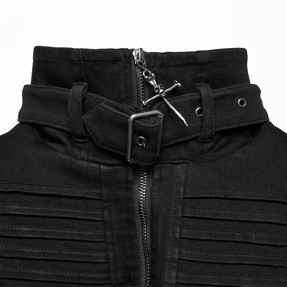 Close-up of Gothic punk black high collar denim shoulder cape with unique zipper and strap detail.
