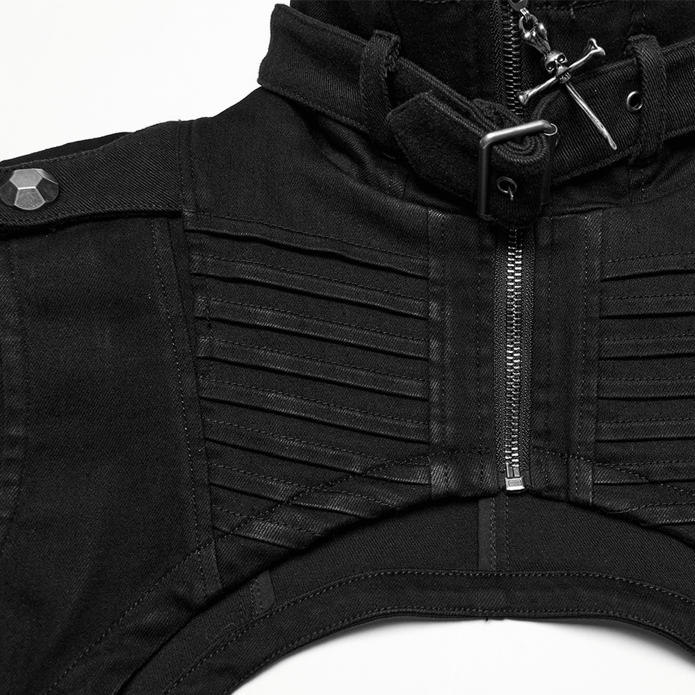 Close-up of Gothic Punk Black High Collar Denim Shoulder Cape with pleats, zipper, and studs.