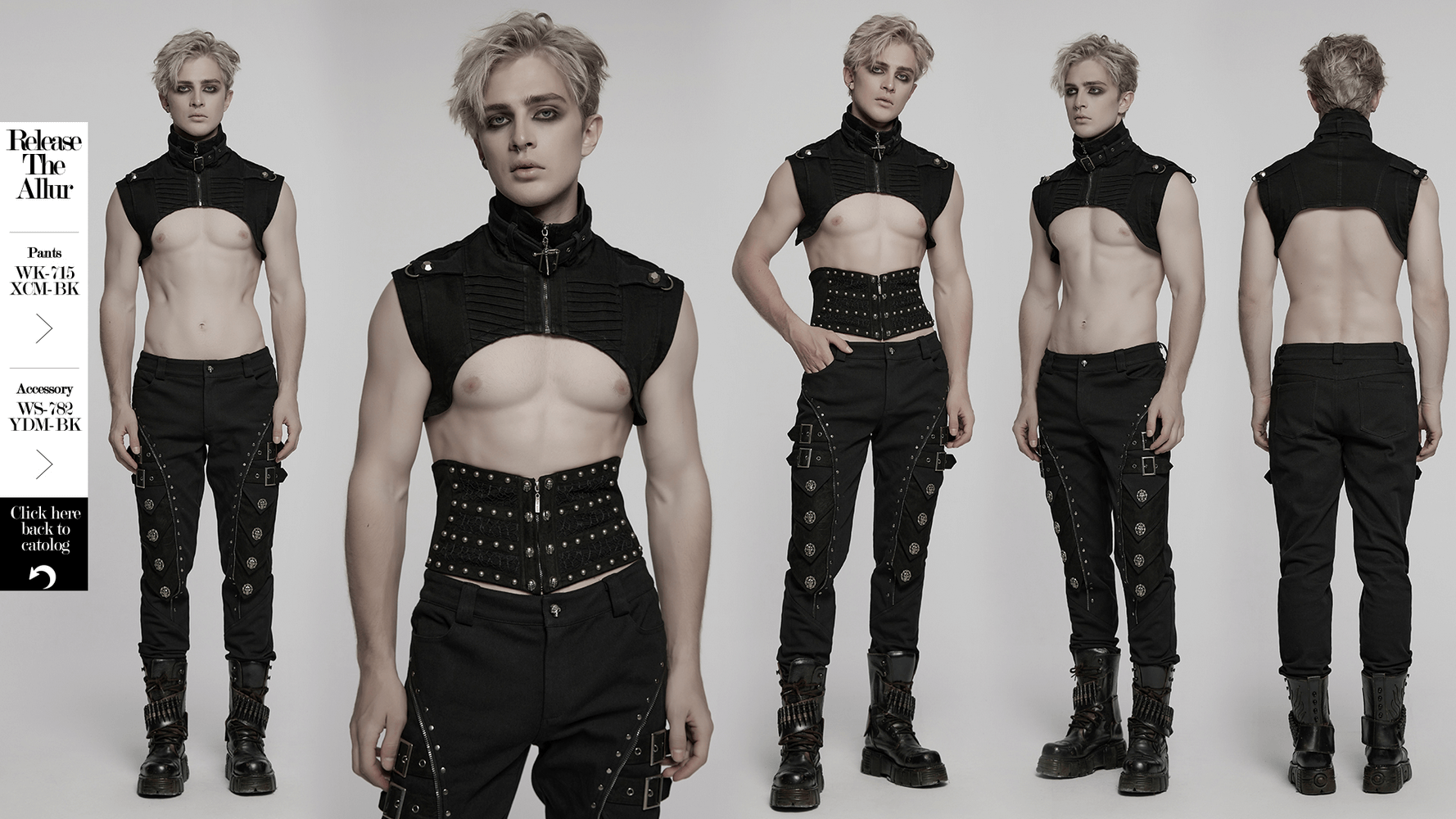 Gothic punk model showcasing black high collar sleeveless top and studded pants in edgy urban style.