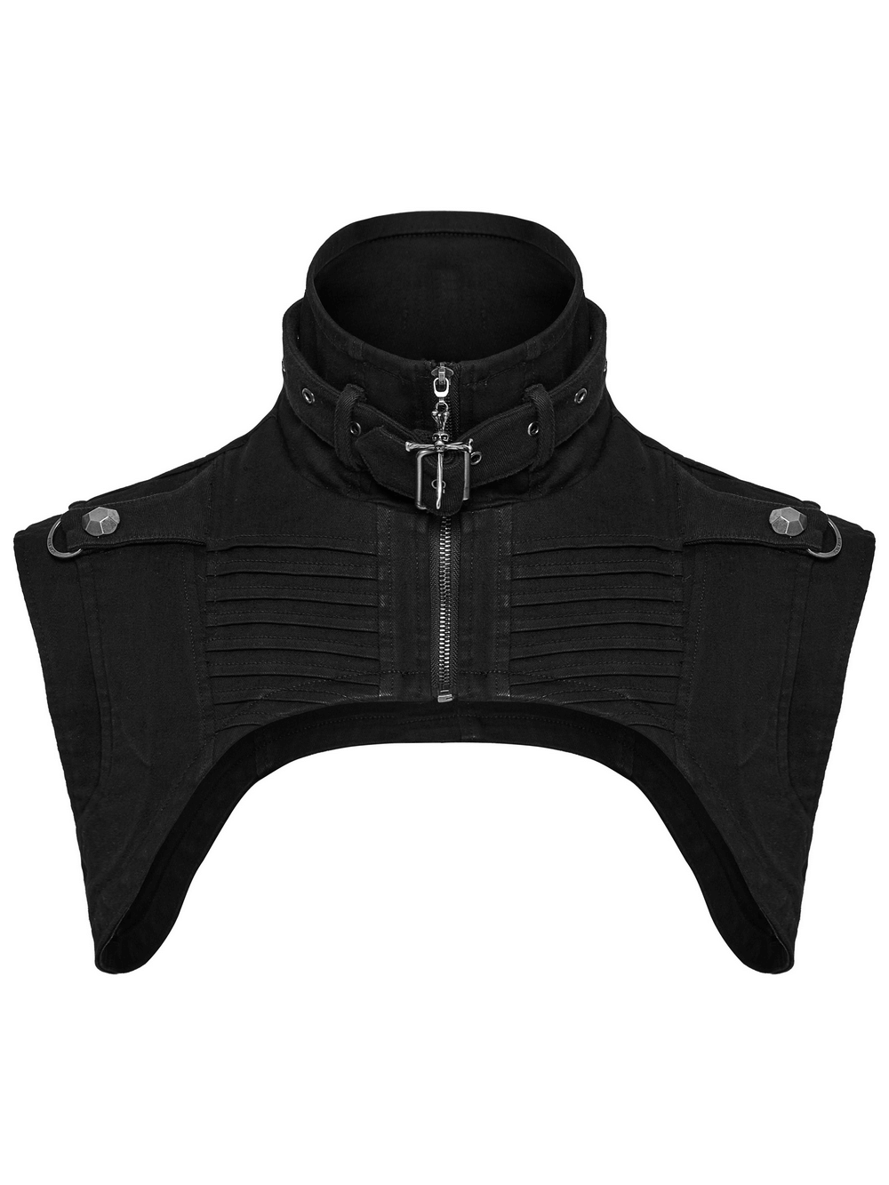 Gothic punk black high collar denim shoulder cape with studs and pleats, perfect for edgy streetwear.