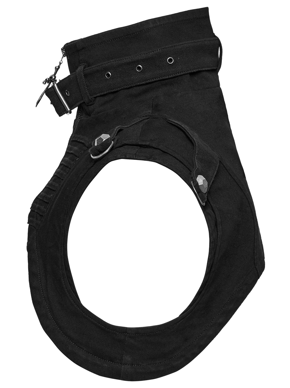 Gothic punk black high collar denim cape with stud accents and unique silhouette design.