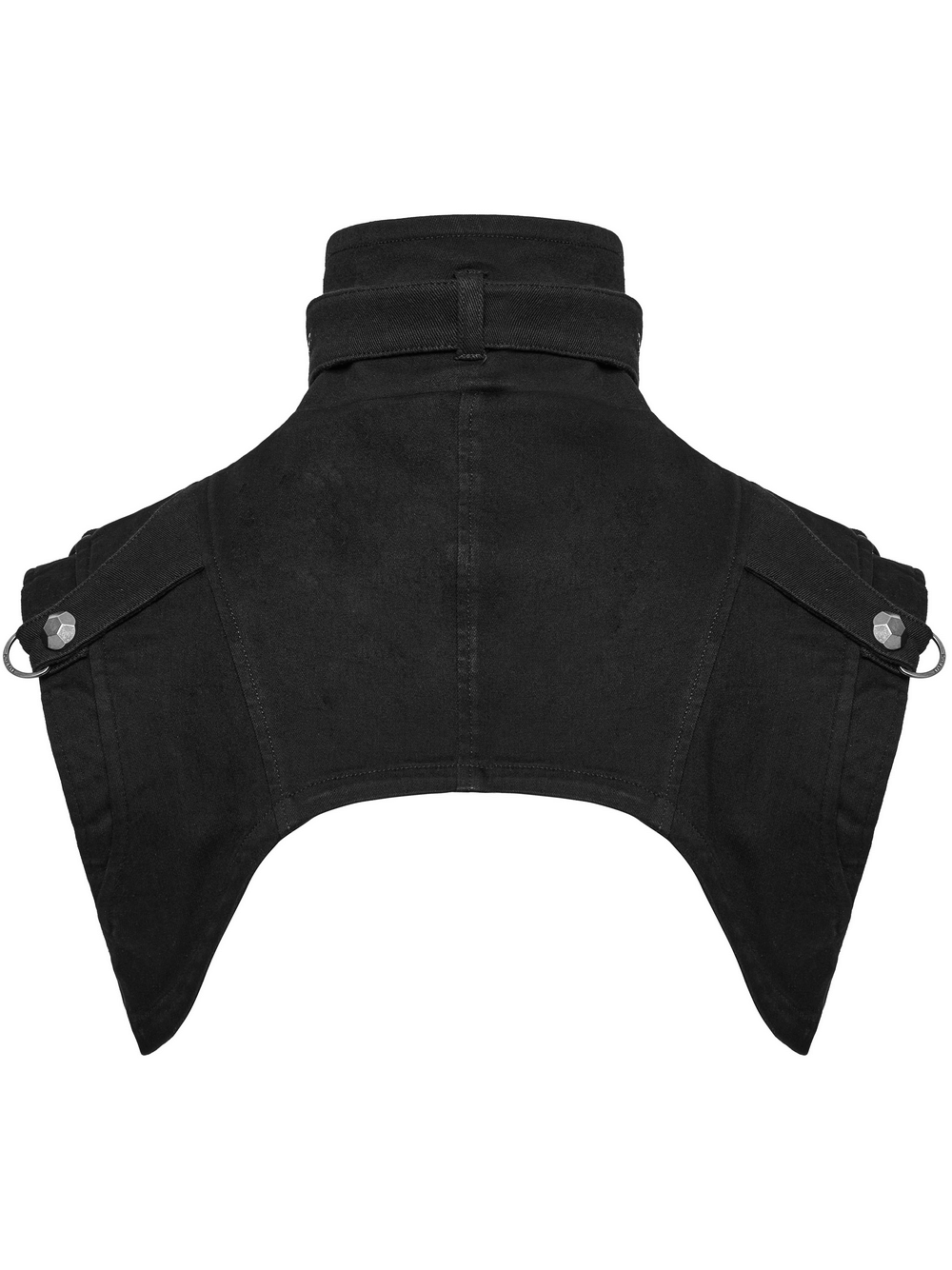 Back view of Gothic Punk Black High Collar Denim Shoulder Cape with stylish shoulder patches and bold stand collar.