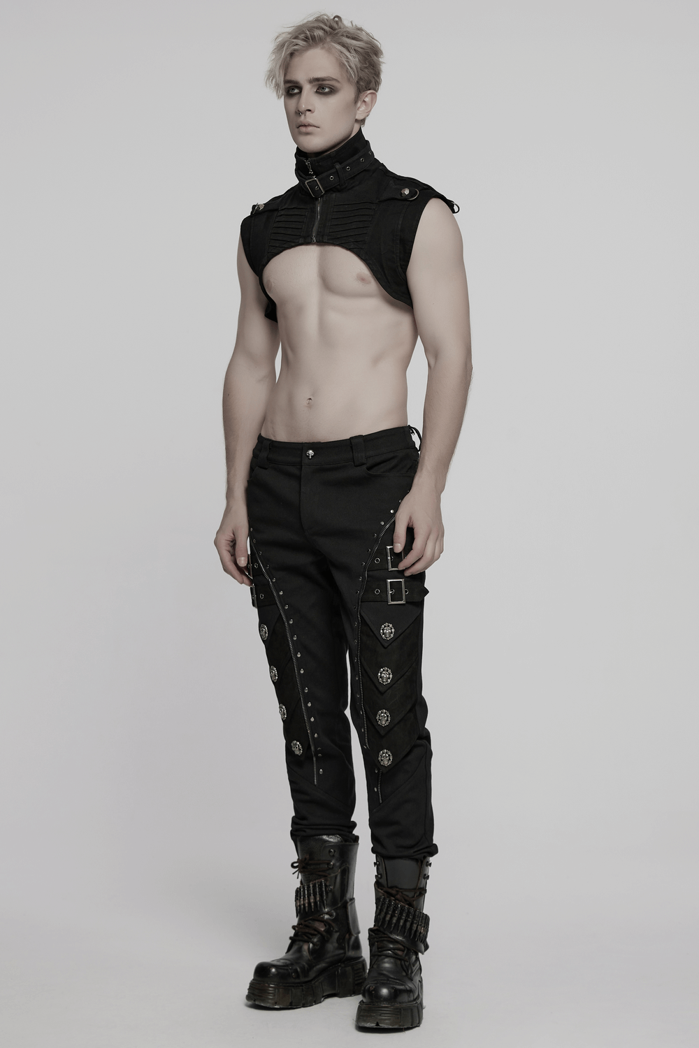 Gothic punk male model showcasing a black high collar denim shoulder cape with edgy style.