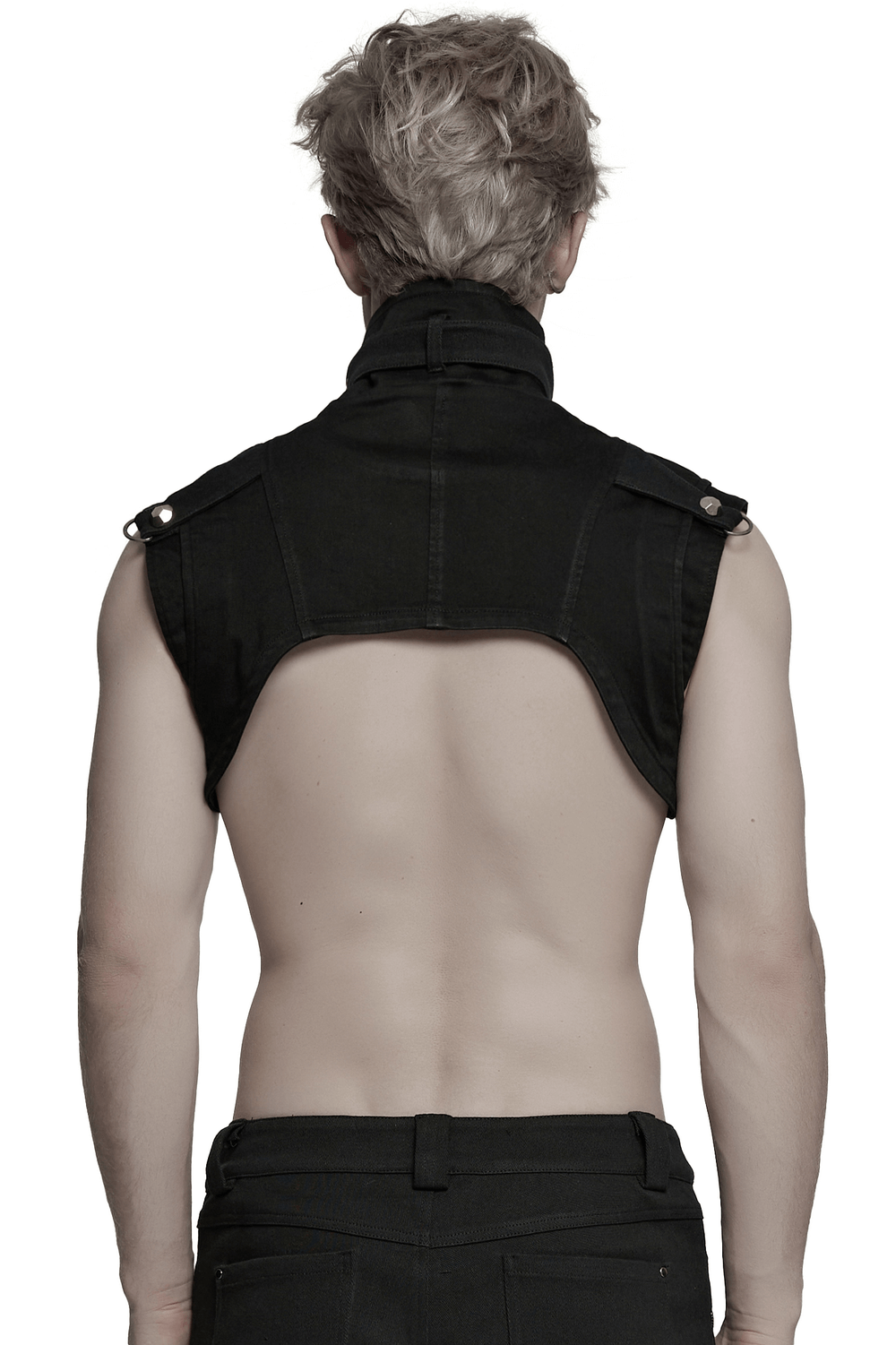 Back view of a gothic punk black denim shoulder cape with high collar and no sleeves, showcasing edgy fashion features.