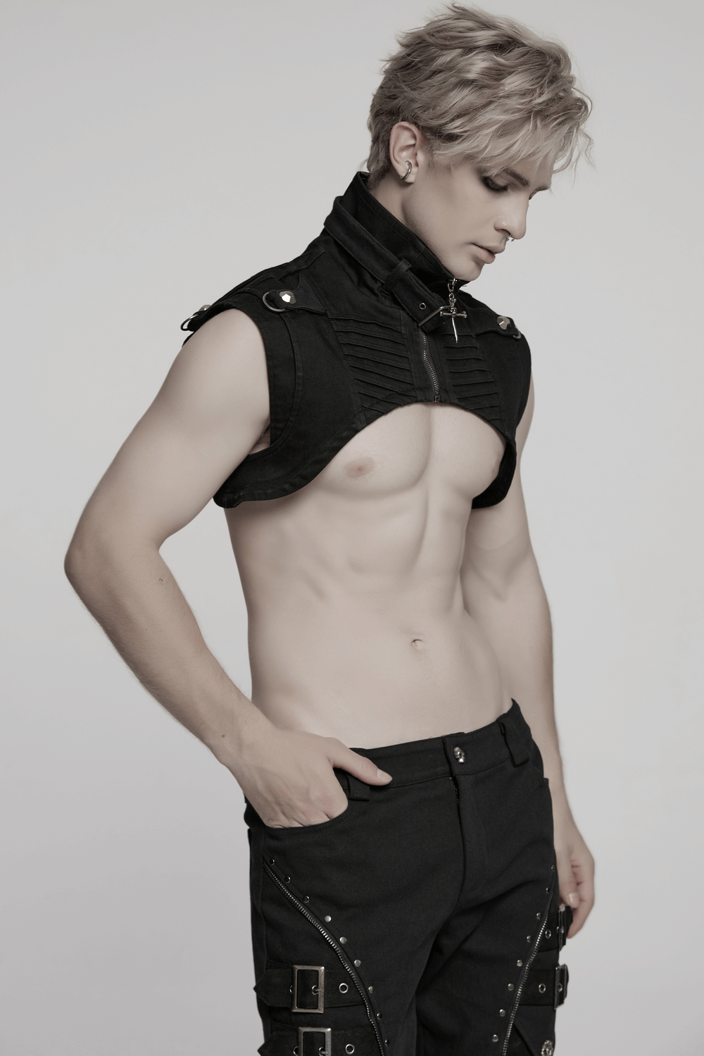 Gothic punk black high collar denim shoulder cape worn by a model, showcasing a bold streetwear style.