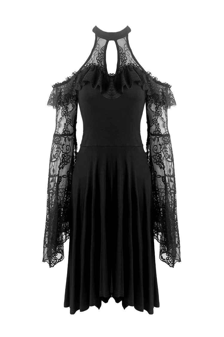 Gothic Punk Black Lace Sleeves Halter Mini Dress