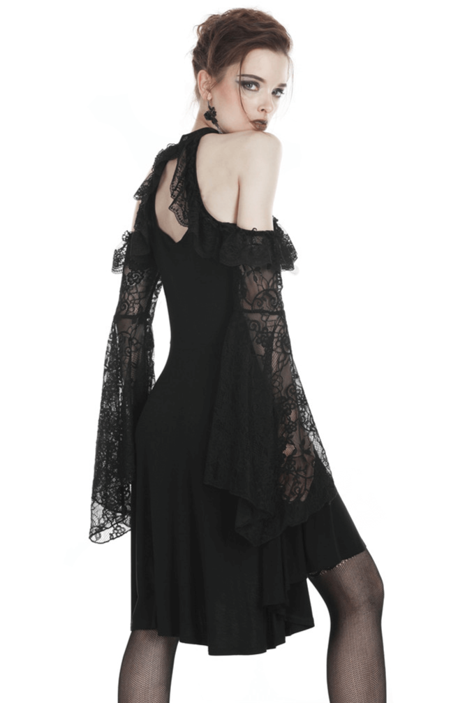 Gothic Punk Black Lace Sleeves Halter Mini Dress