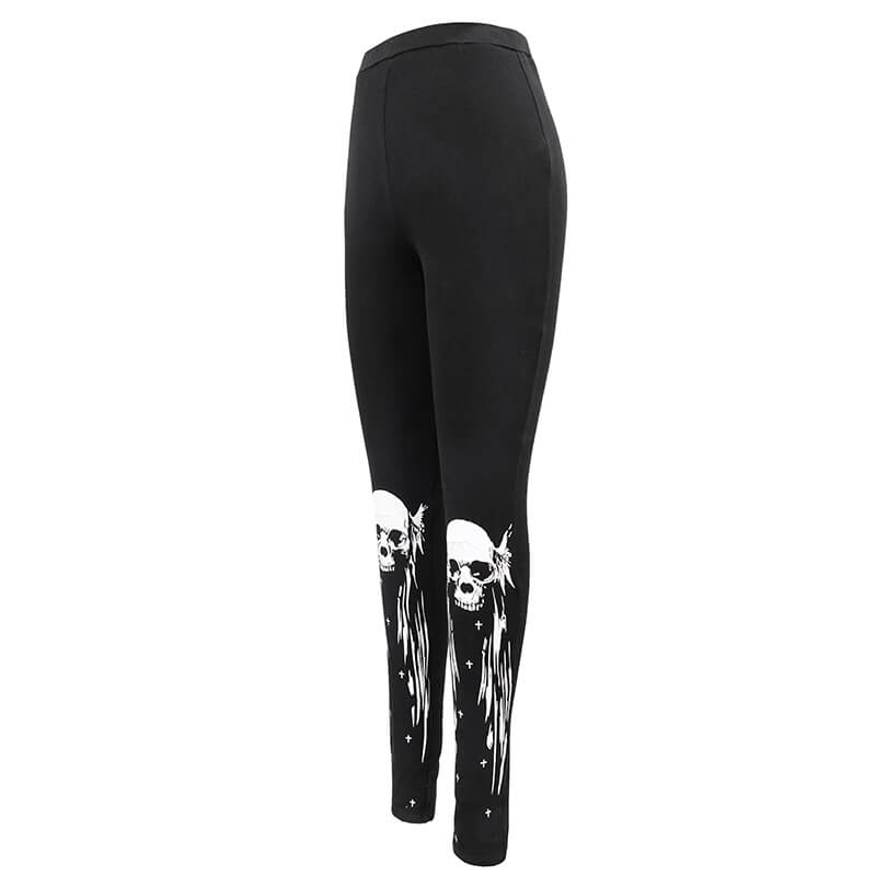 Gothic punk black leggings for women featuring white skull print, stylish alternative fashion for edgy looks.