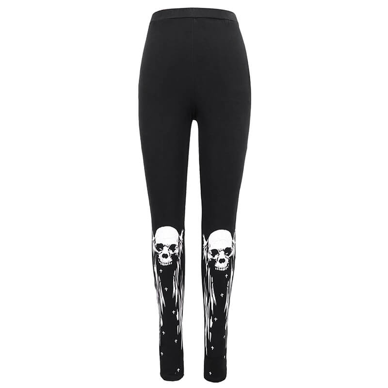 Gothic punk black leggings for women featuring unique white skull print design, perfect for alternative fashion lovers.