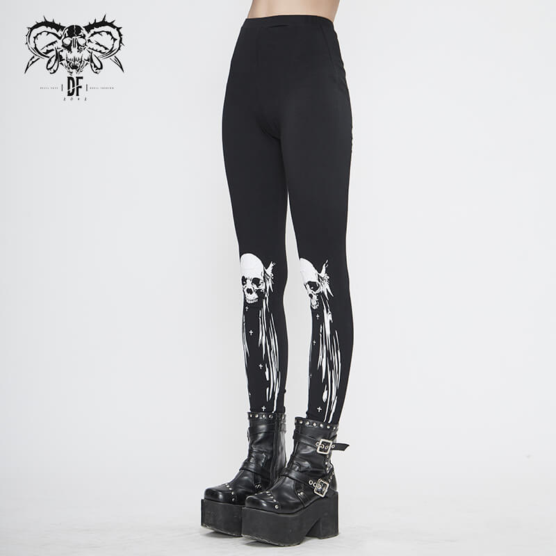 Gothic punk black leggings for women featuring stylish white skull prints, perfect for alternative fashion.