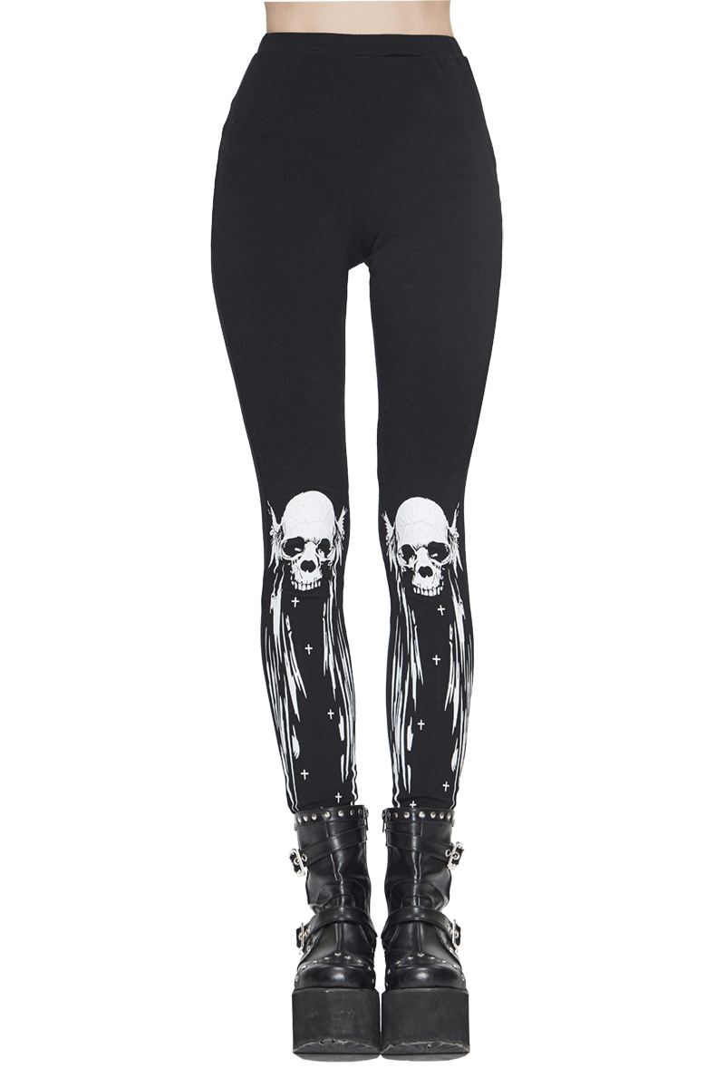 Women’s Gothic punk black leggings featuring striking white skull print, perfect for alternative fashion enthusiasts.