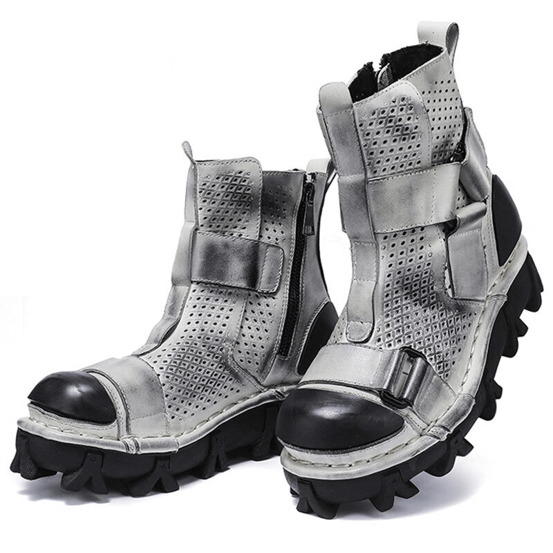 Gothic Punk Breathable Genuine Leather Boots / Combination Vamp Design Boots with Durable Stitching - HARD'N'HEAVY
