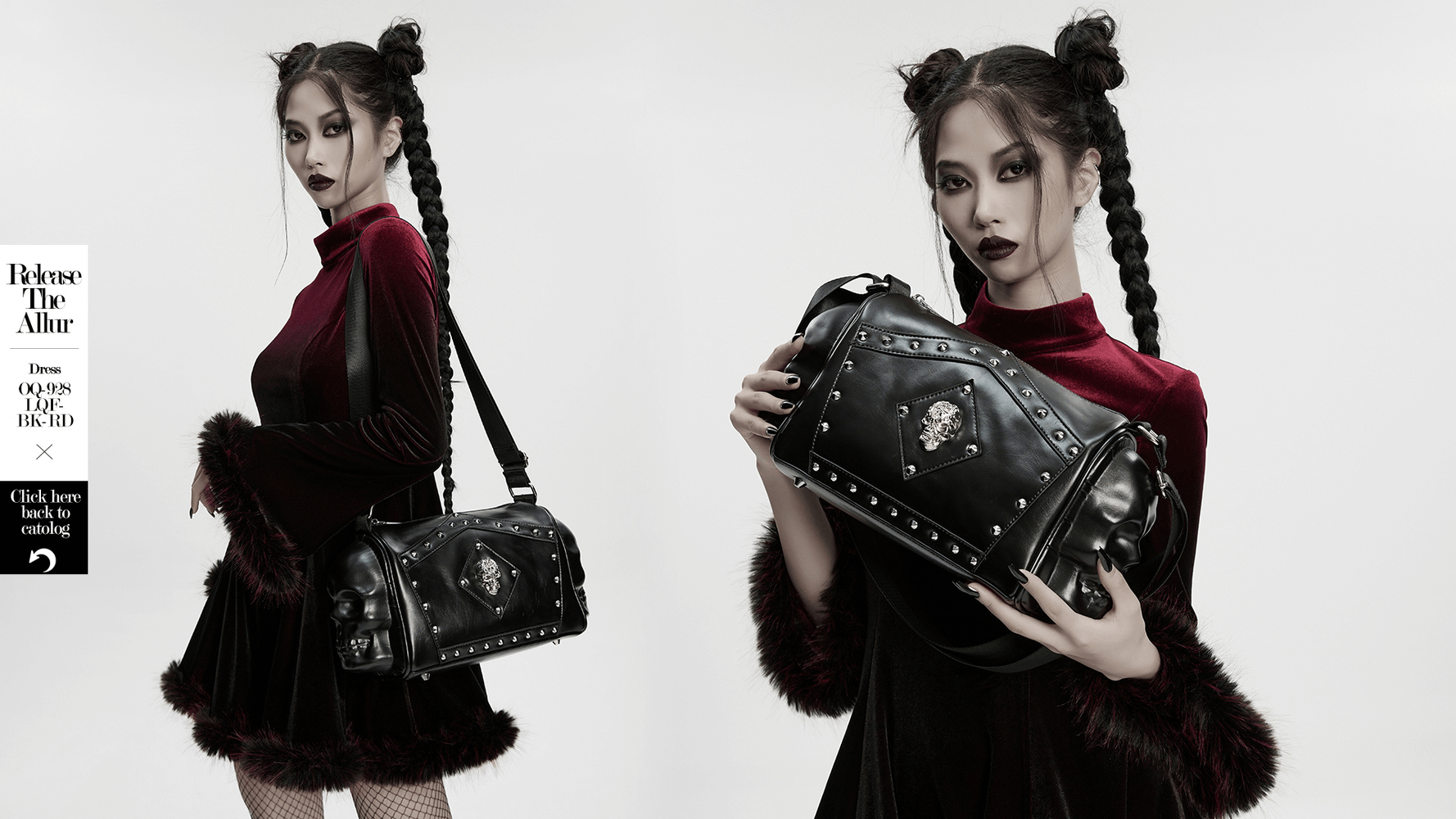 Gothic punk coffin skull shoulder bag with rivets, eco-friendly design, adjustable strap, bold and edgy style.