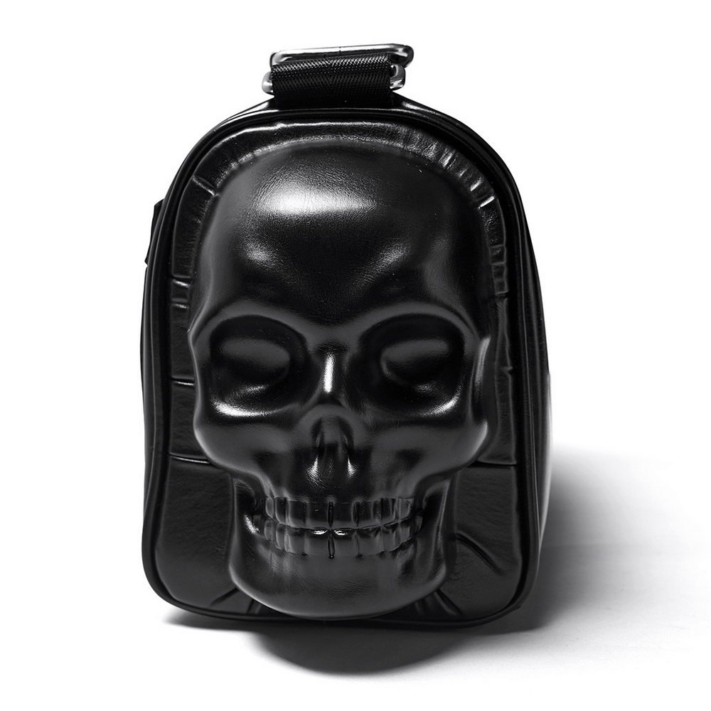 Gothic punk coffin skull shoulder bag in black with bold skull design and adjustable strap.