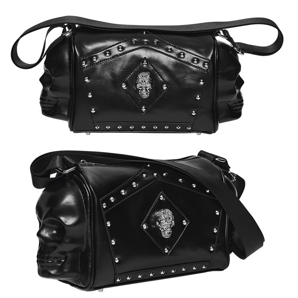 Gothic punk coffin skull shoulder bag with rivets and adjustable strap, made from eco-friendly leather.