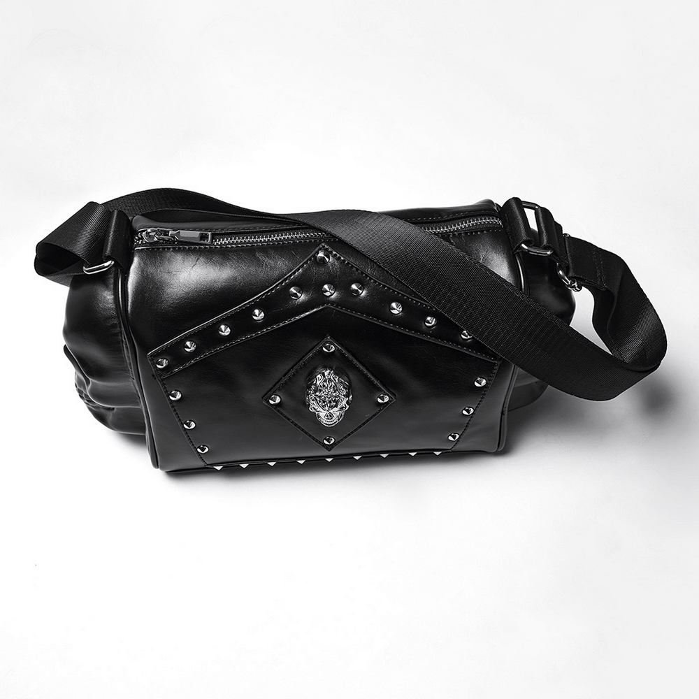 Gothic punk shoulder bag with coffin design, skull details, and metal rivets; adjustable strap for versatile styling.