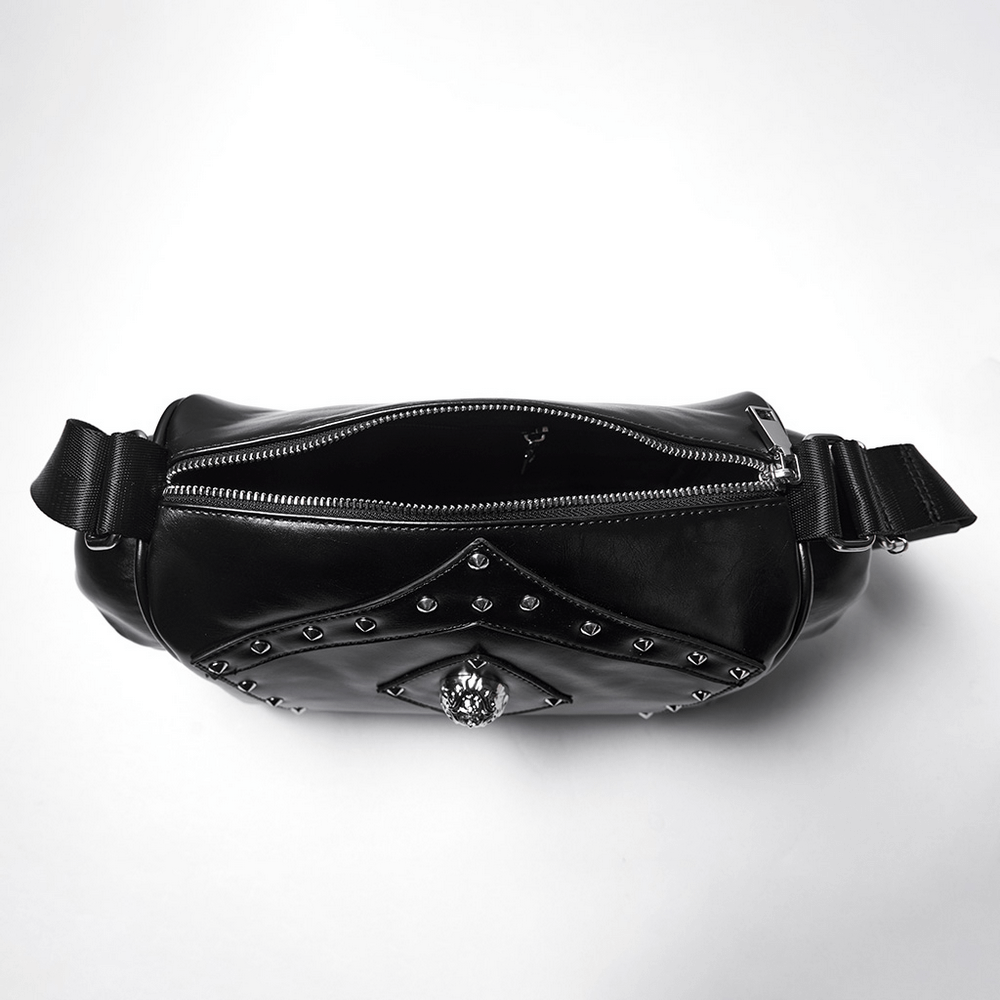 Gothic punk skull shoulder bag with rivets, featuring a coffin design and adjustable strap, top view.