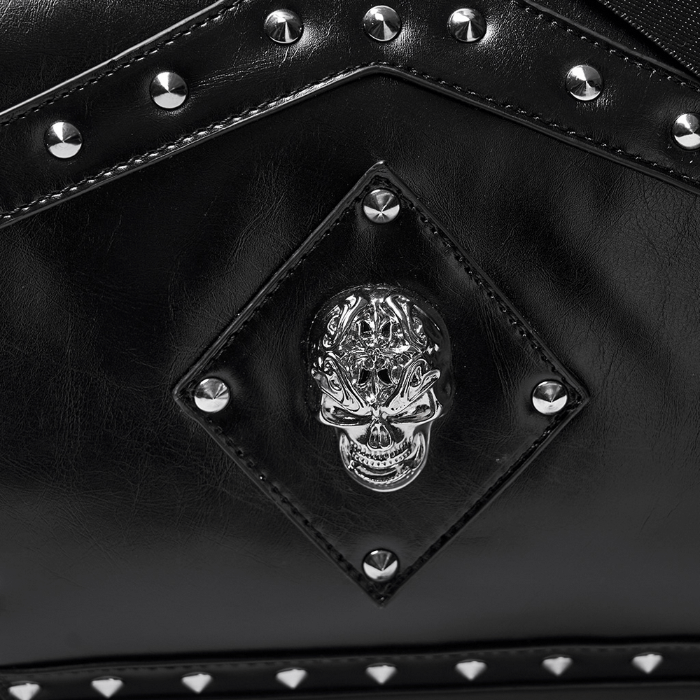Gothic punk shoulder bag featuring a skull emblem and metal rivets, perfect for bold fashion enthusiasts.