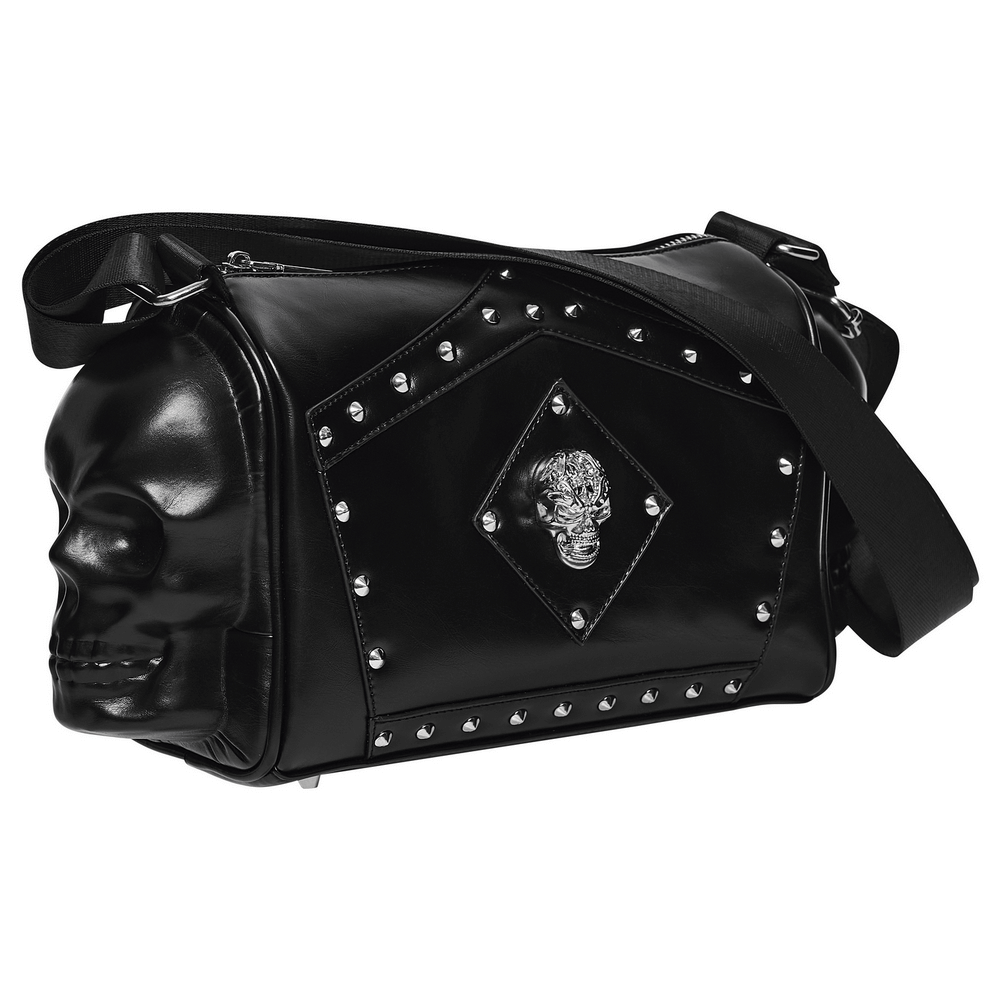Gothic punk coffin skull shoulder bag with rivets and adjustable strap, crafted from eco-friendly leather.