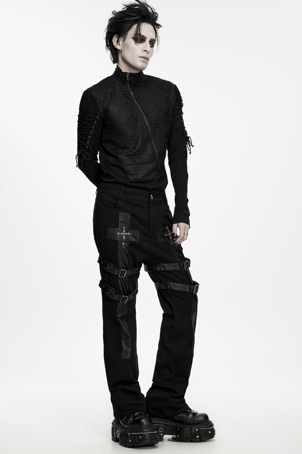 Gothic Punk Cross Strap Straight Leg Black Trousers with buckle straps, cross details, and dark streetwear edge