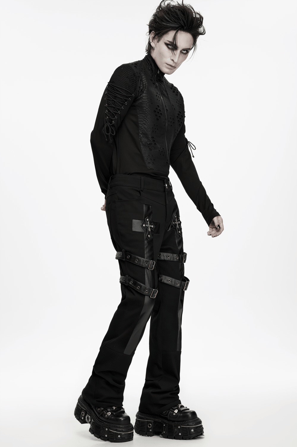 Gothic Punk Cross Strap Straight Leg Black Trousers with buckled bondage details and street-ready dark style