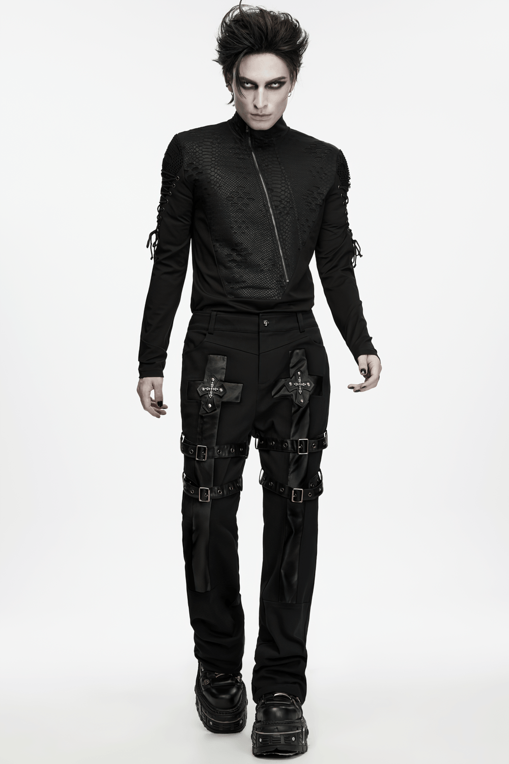 Gothic Punk Cross Strap Straight Leg Black Trousers with buckles, cross details, and dark streetwear edge