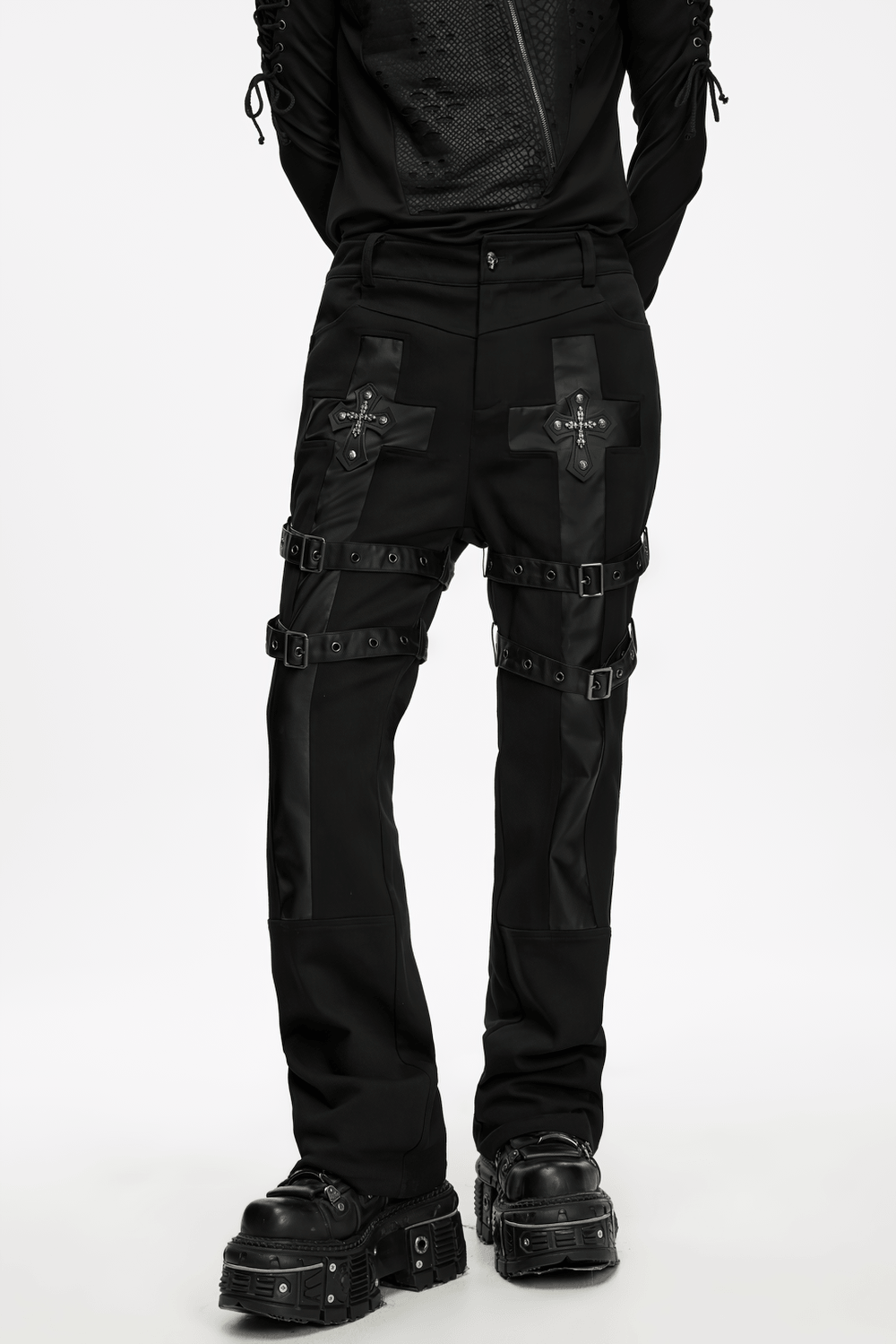 Gothic Punk Cross Strap Straight Leg Black Trousers with cross accents and buckle straps for edgy dark streetwear
