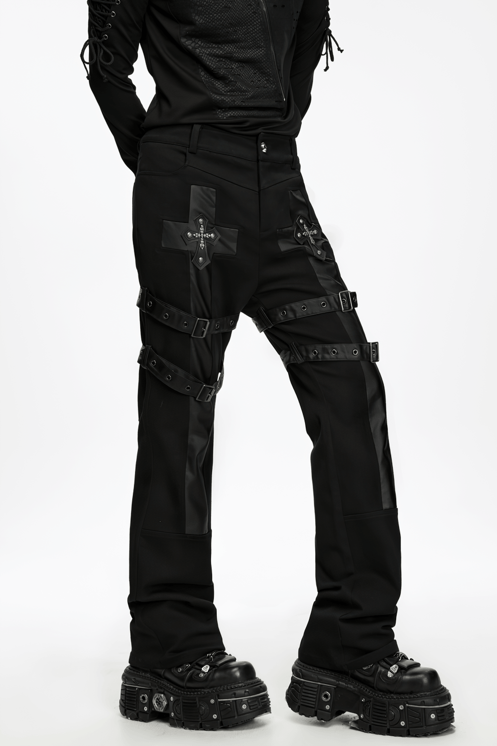 Gothic Punk Cross Strap Straight Leg Black Trousers with buckles, cross accents, and bold gothic streetwear edge