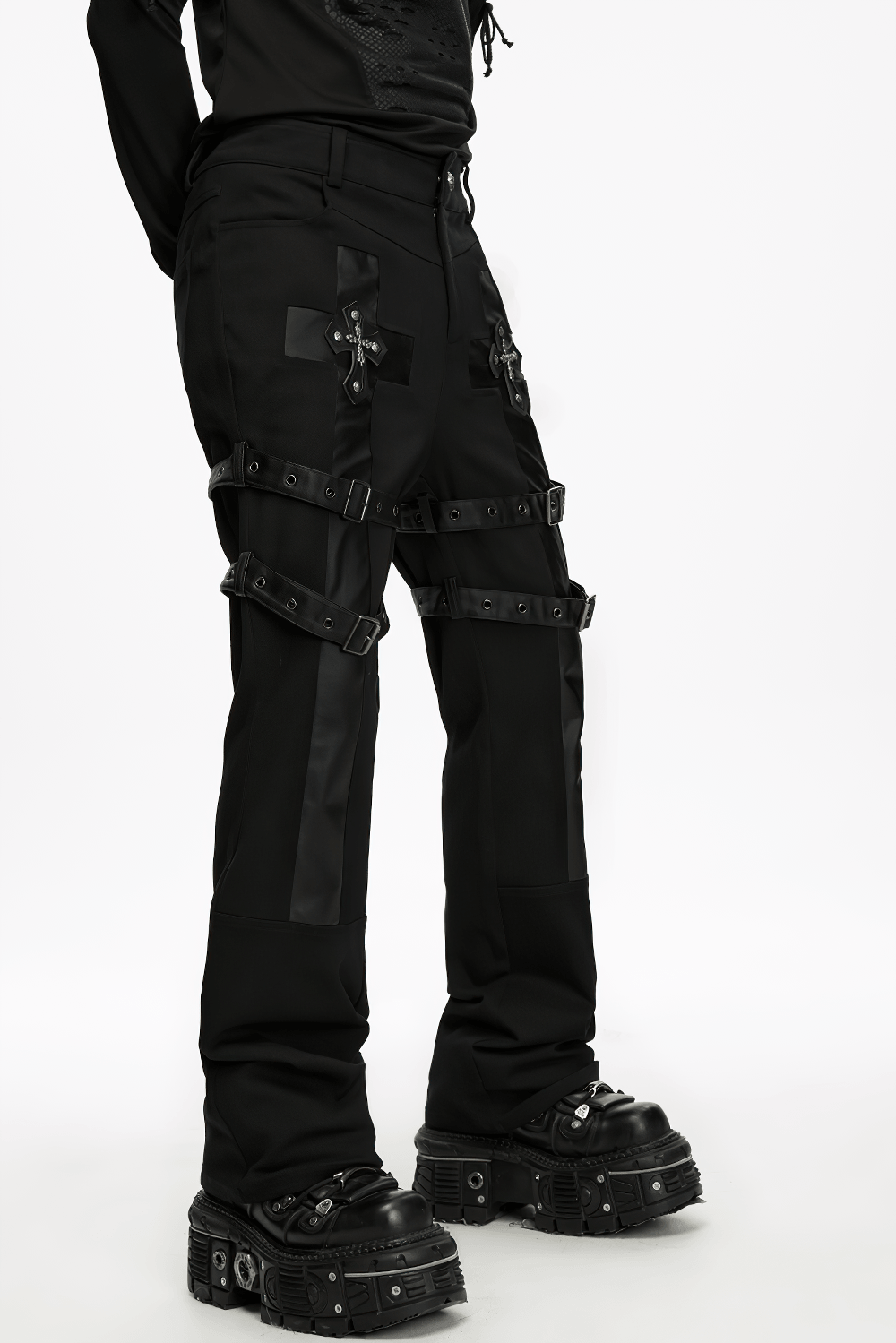 Gothic Punk Cross Strap Straight Leg Black Trousers with buckles, cross details and chunky platform boots for dark streetwear