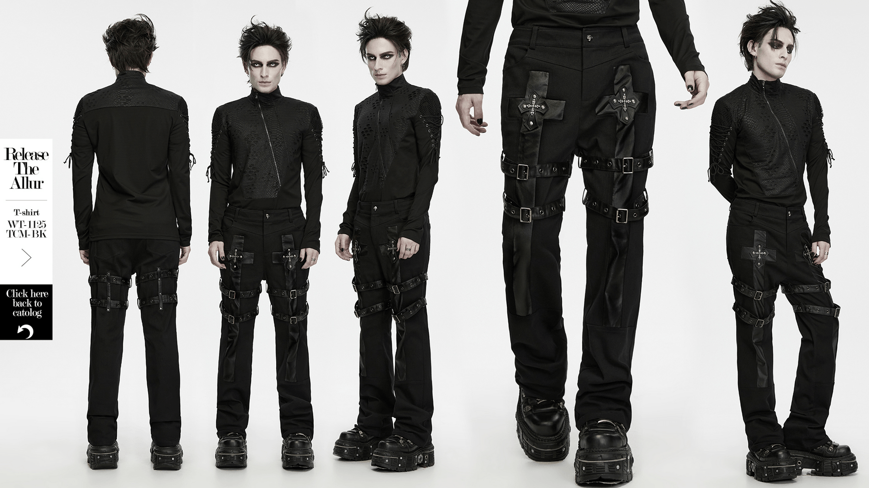 Gothic Punk Cross Strap Straight Leg Black Trousers with buckled bondage details, crosses, and skull accents
