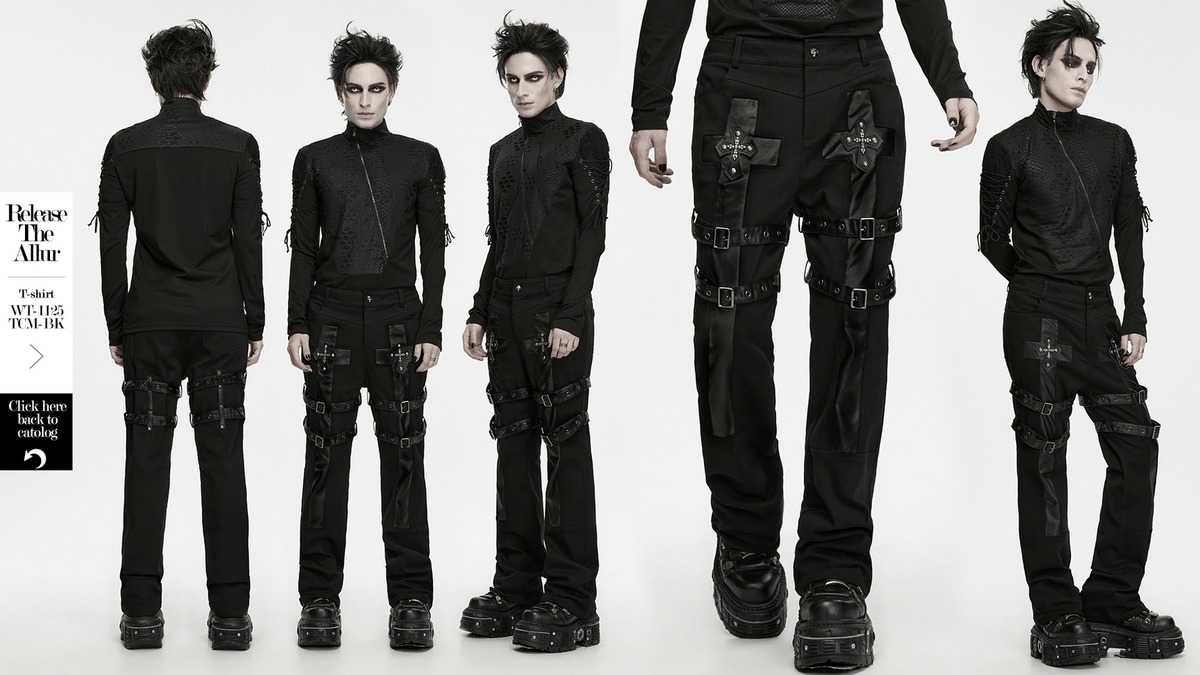 Gothic Punk Cross Strap Straight Leg Black Trousers with buckled bondage details, crosses, and skull accents