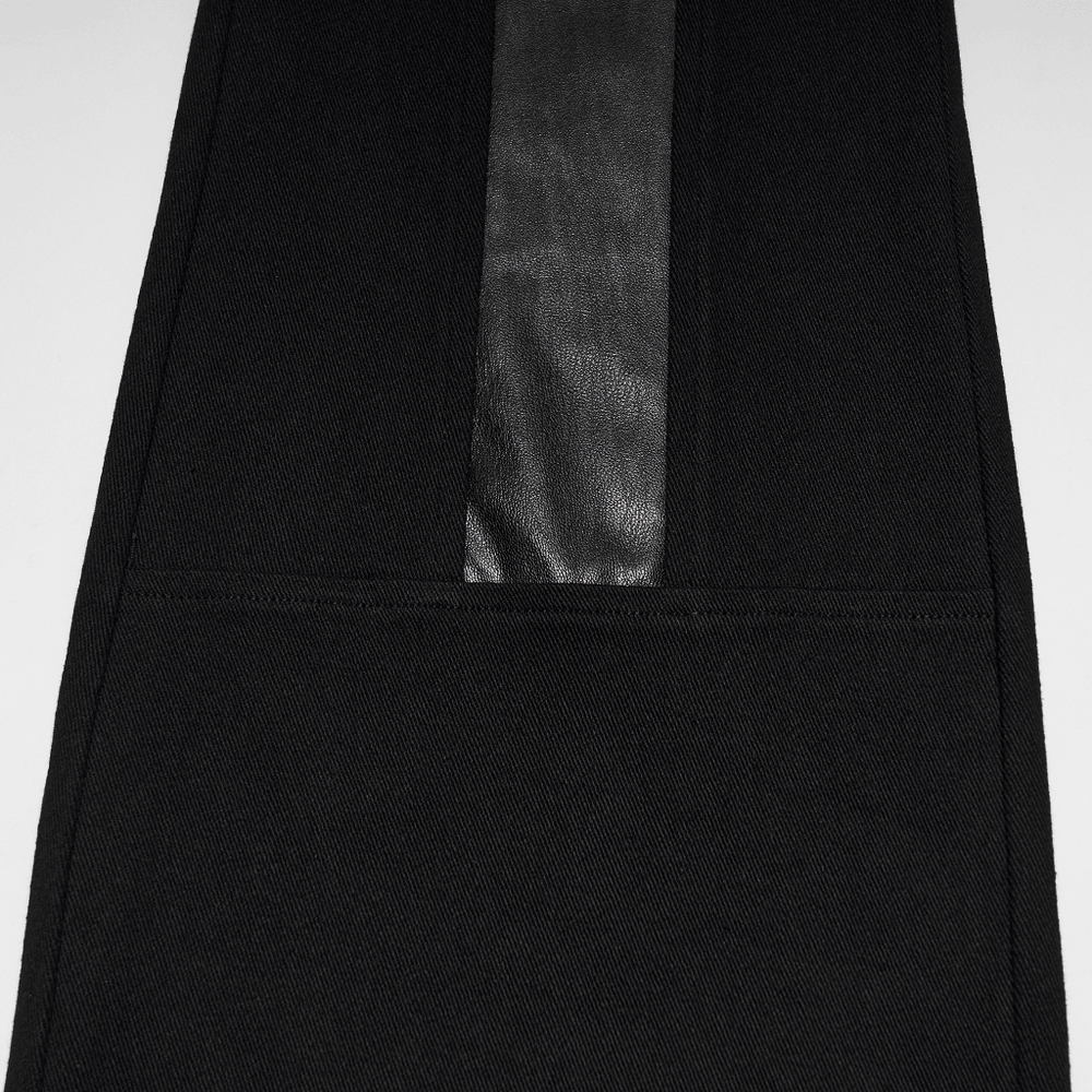 Gothic Punk Cross Strap Straight Leg Black Trousers with faux leather panel and dark punk detailing