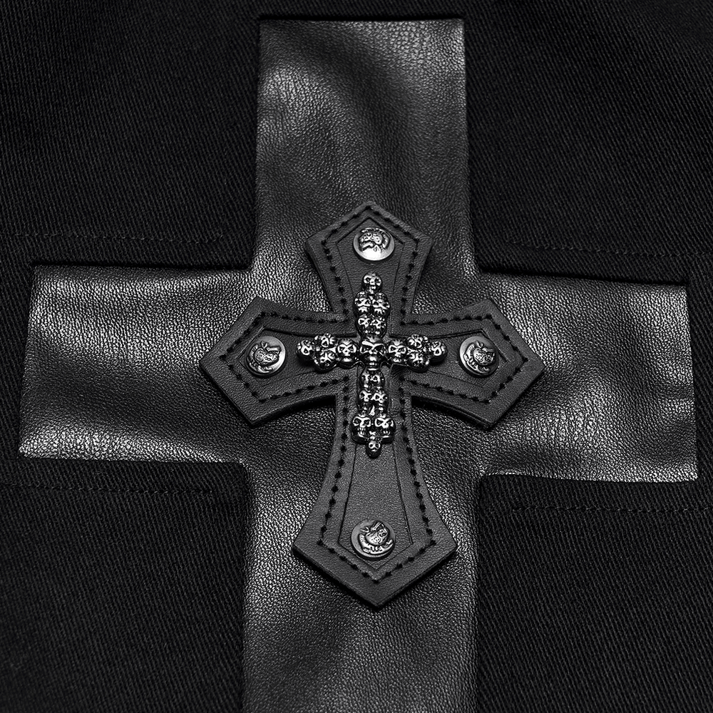 Gothic Punk Cross Strap Straight Leg Black Trousers with black leather cross and skull details