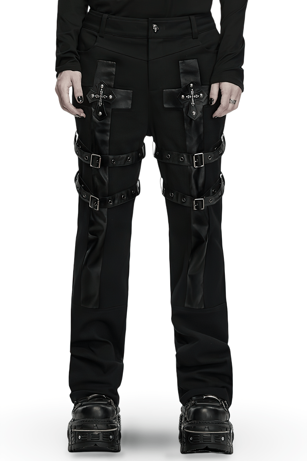 Gothic Punk Cross Strap Straight Leg Black Trousers with cross details, buckle straps and skull accents for edgy dark streetwear