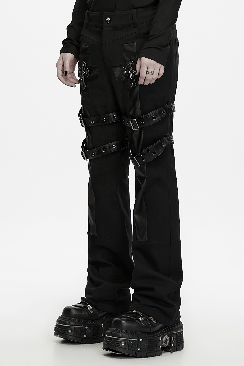Gothic Punk Cross Strap Straight Leg Black Trousers with buckles, skull details, and dark streetwear edge