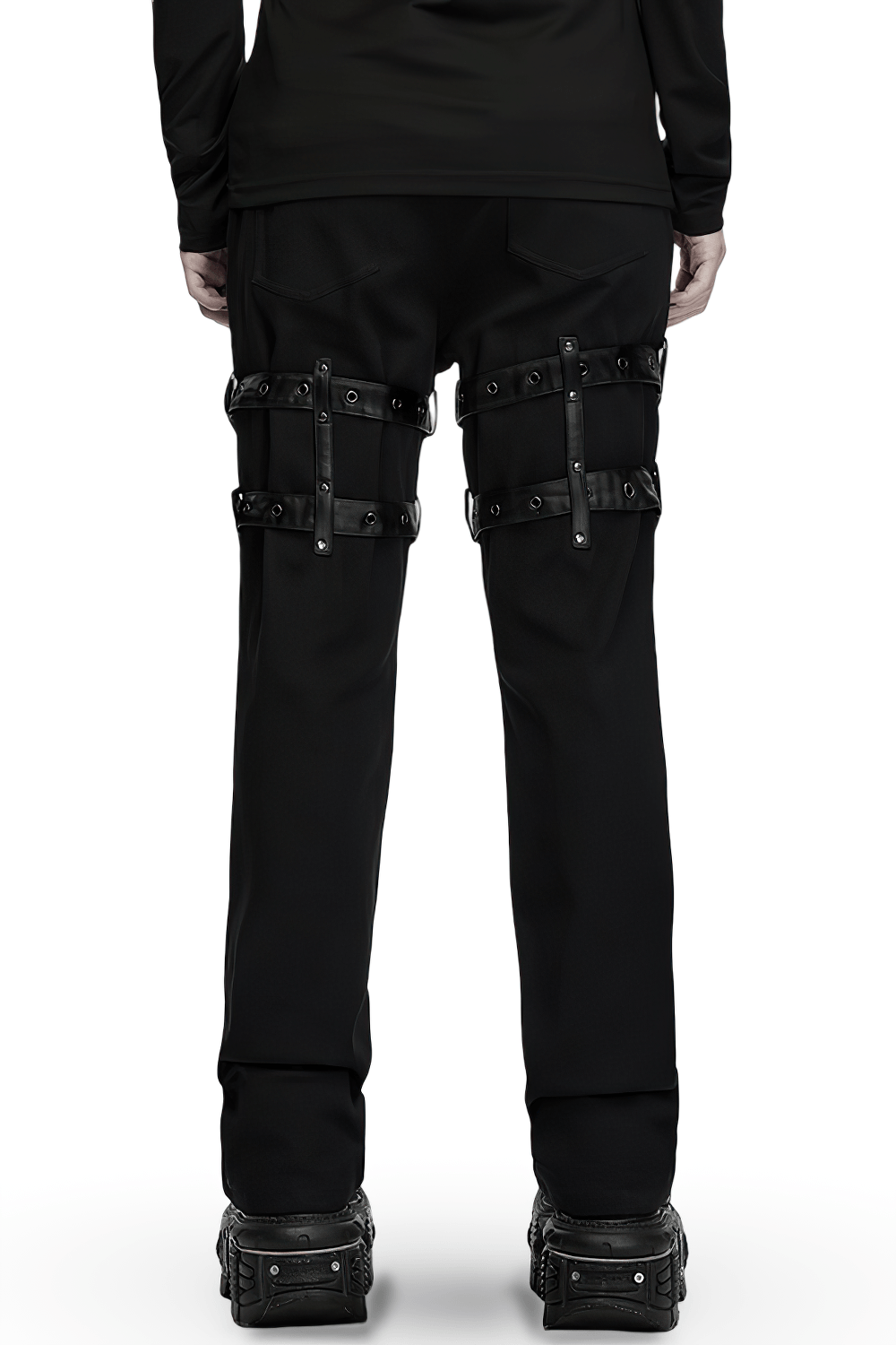 Gothic Punk Cross Strap Straight Leg Black Trousers with buckle thigh straps, straight fit, and edgy industrial style