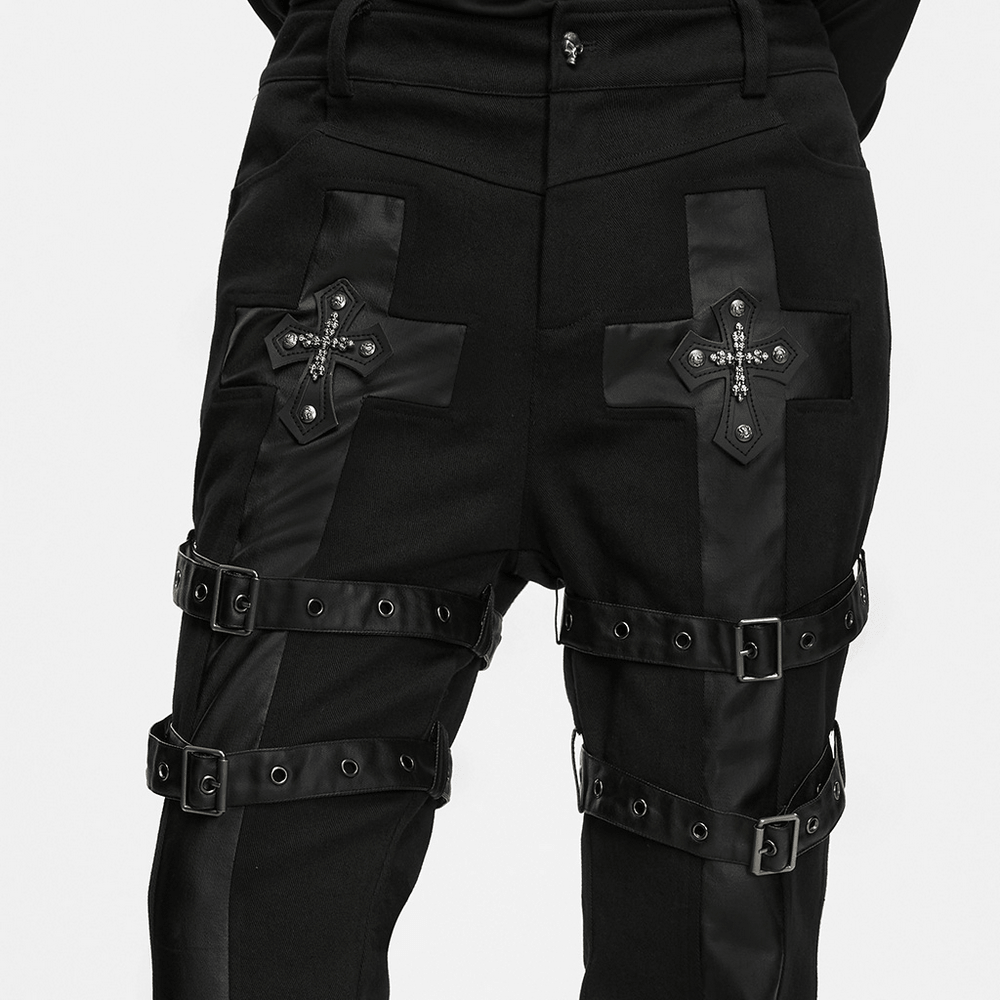 Gothic Punk Cross Strap Straight Leg Black Trousers with skull-cross patches and buckle straps for dark streetwear flair.