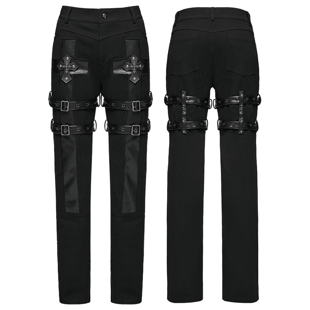 Gothic Punk Cross Strap Straight Leg Black Trousers, black bondage pants with skull cross details and buckle straps