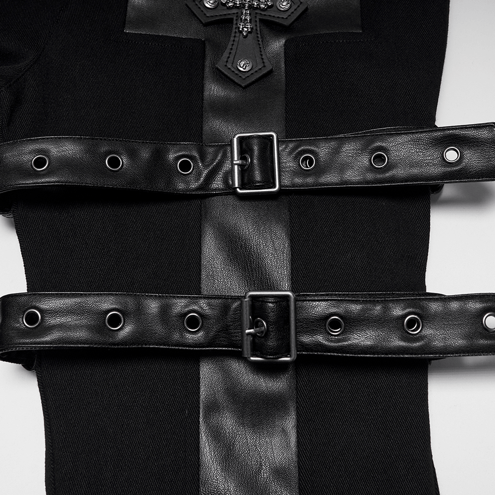 Gothic Punk Cross Strap Straight Leg Black Trousers with buckle straps and metal eyelets, dark punk bondage style