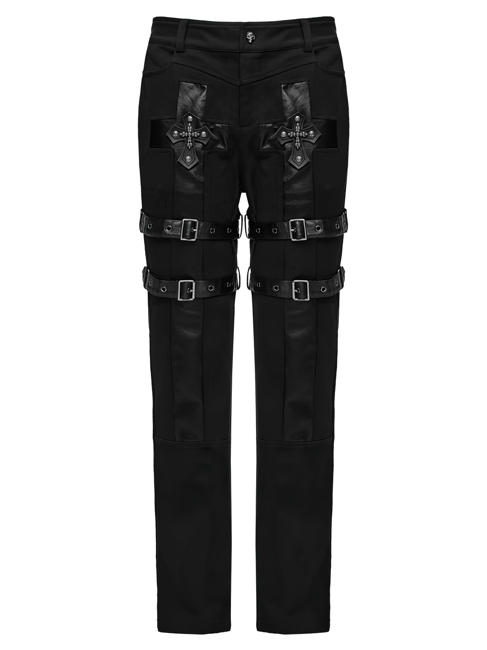 Gothic Punk Cross Strap Straight Leg Black Trousers with skull cross details, buckle straps, and straight-leg fit