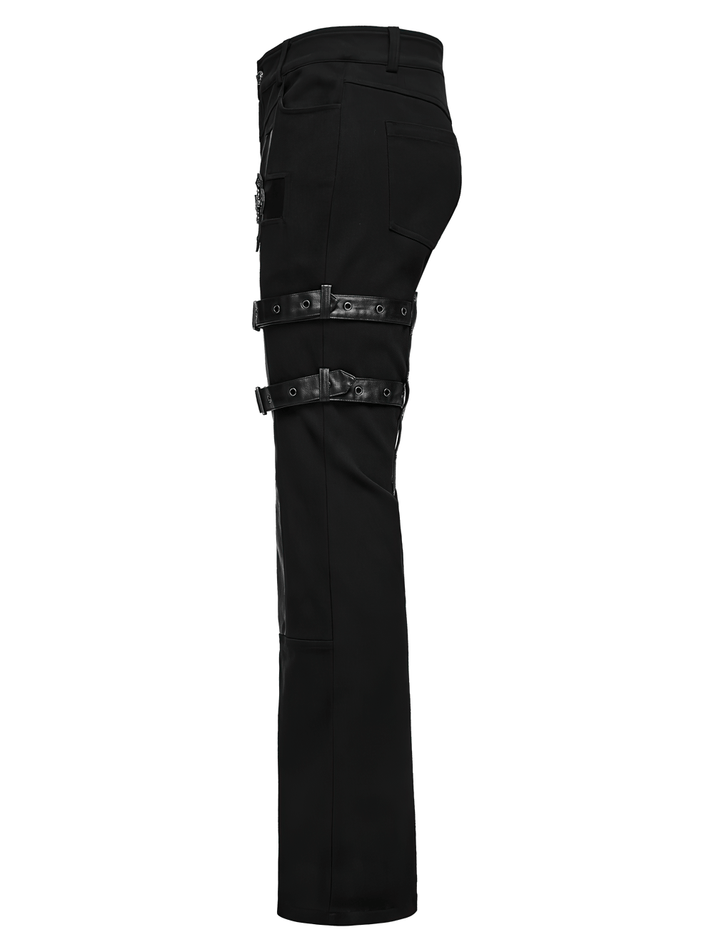 Gothic Punk Cross Strap Straight Leg Black Trousers with buckle details and straight fit for dark streetwear