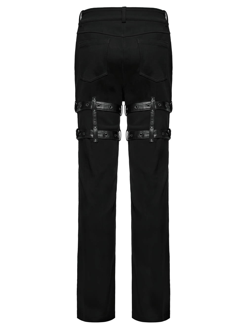 Gothic Punk Cross Strap Straight Leg Black Trousers with buckle bondage straps and straight-leg silhouette