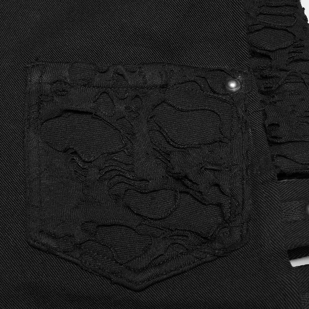 Gothic Punk Cutout Denim Shorts with Harness Straps featuring distressed back pocket details and metal accent.