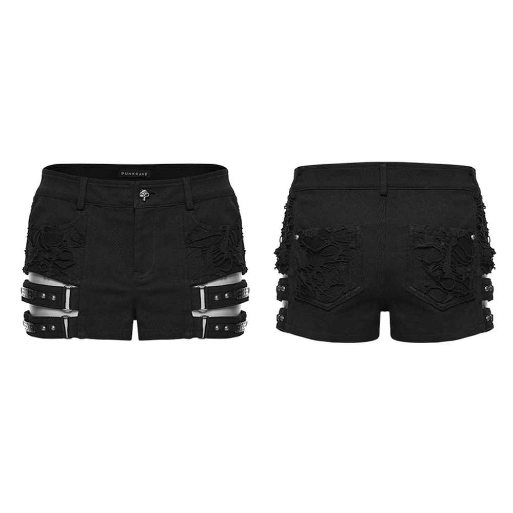 Gothic Punk Cutout Denim Shorts with Harness Straps featuring bold cutouts and metal accents on a black denim design.